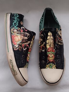 Vintage Ed Hardy Christian Audigier Mens 11 Black Graphic Sneakers Y2K Tattoo